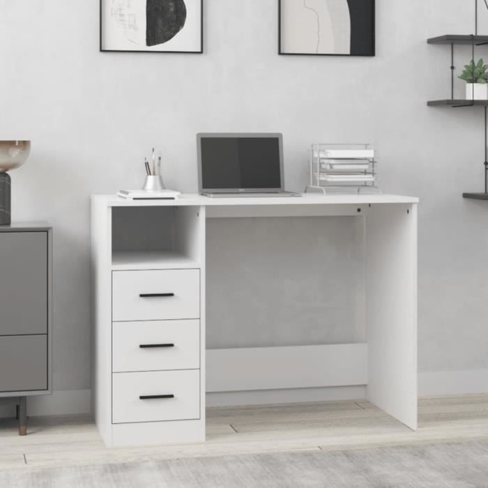 Bureau - ALOMEJOR - LeDivil - 3 tiroirs - Bois dingénierie - Blanc - 102x50x76 cm