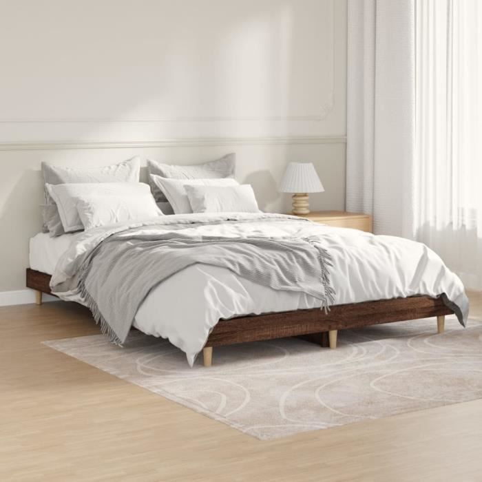 cadre de lit chêne marron atyhao 140x190 cm - bois d'ingénierie et eucalyptus massif - lattes en contreplaqué