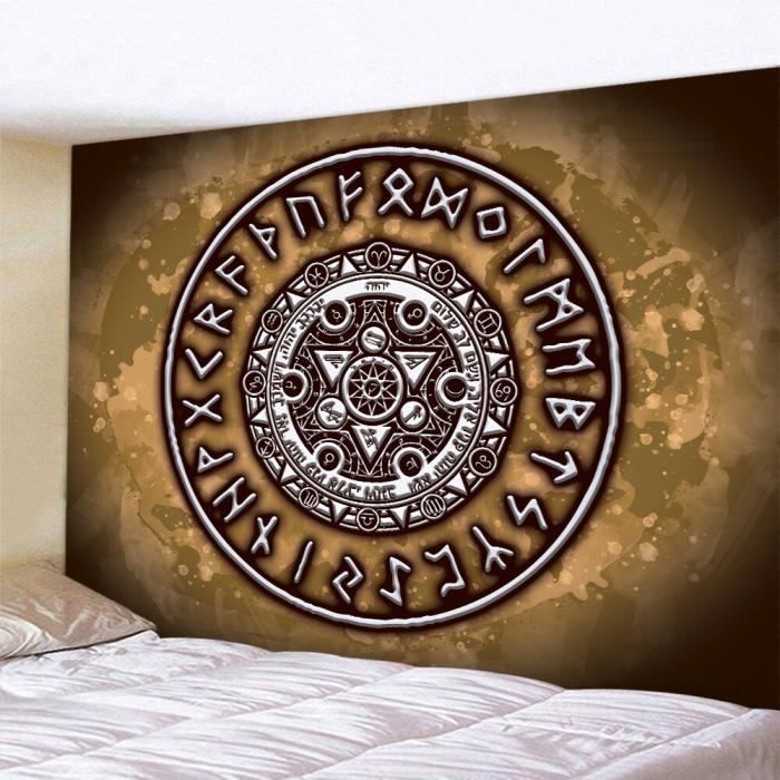 Tapisserie Murale Corbeau Totem Ethnique - Motif Spirale Tribal Oiseau Mythique, Style Nordique Boho, 150x200 Cm Blanc/Noir