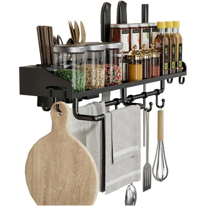 Étagère Murale Cuisine Sans Percer – Avec Porte-rouleau Et 4 Crochets, Rangement épices, Ustensiles – 35 Cm Noir - 4