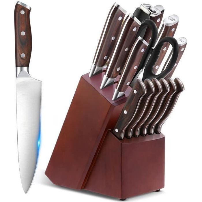 Couteau cuisine,15 psc couteaux et ustensiles de cuisine, lame acier inox  allemand 1.4116 couteaux de cuisine, porte couteau en bois - Cdiscount  Maison