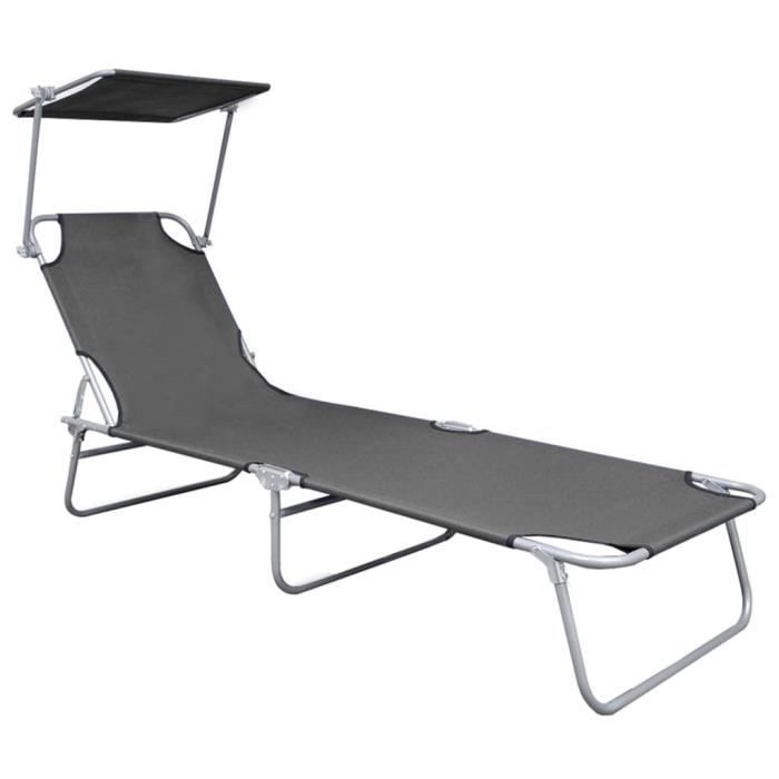HMF© Chaise longue Chaise de jardin Bain de Soleil de Jardin Décor - pliable avec auvent Gris Aluminium 21240