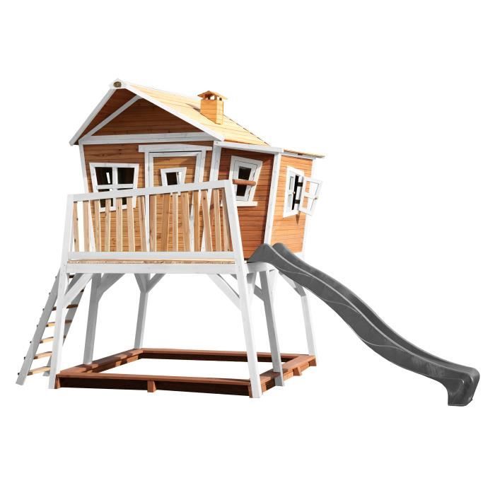 Maison Enfant AXI Max avec Bac à Sable & Toboggan gris | Aire de Jeux pour l'extérieur en marron & blanc