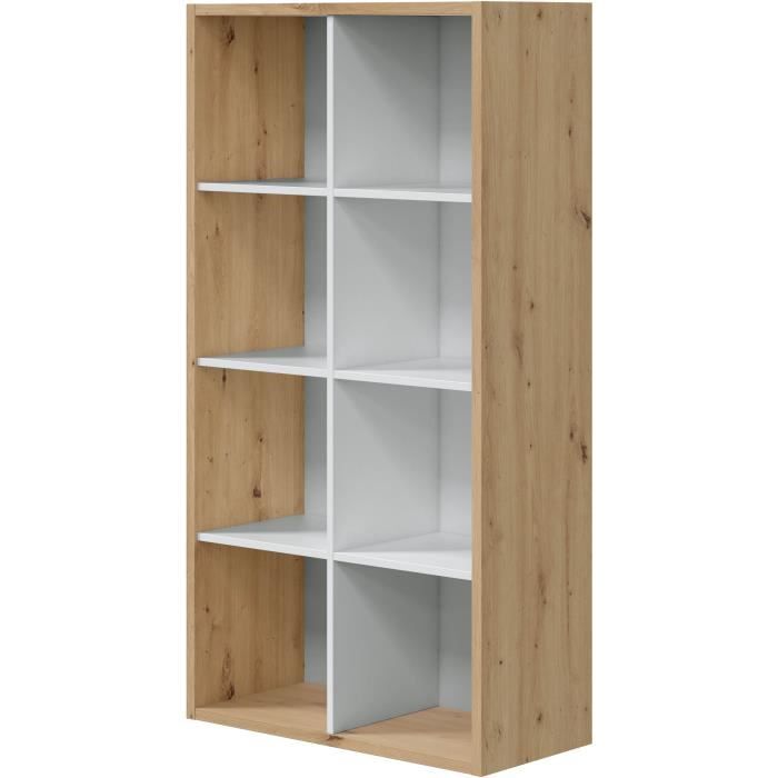 Bibliothèque étagère NOA - Blanc et chêne - 8 cases - 137x71,5x33 cm