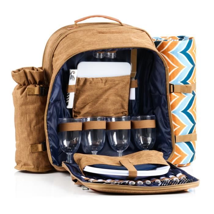 CampFeuer Panier Pique-Nique 4 Personnes – 21 Pièces Vaisselle + Osier Naturel & Sangles Cuir – Idéal Famille & Randonnée