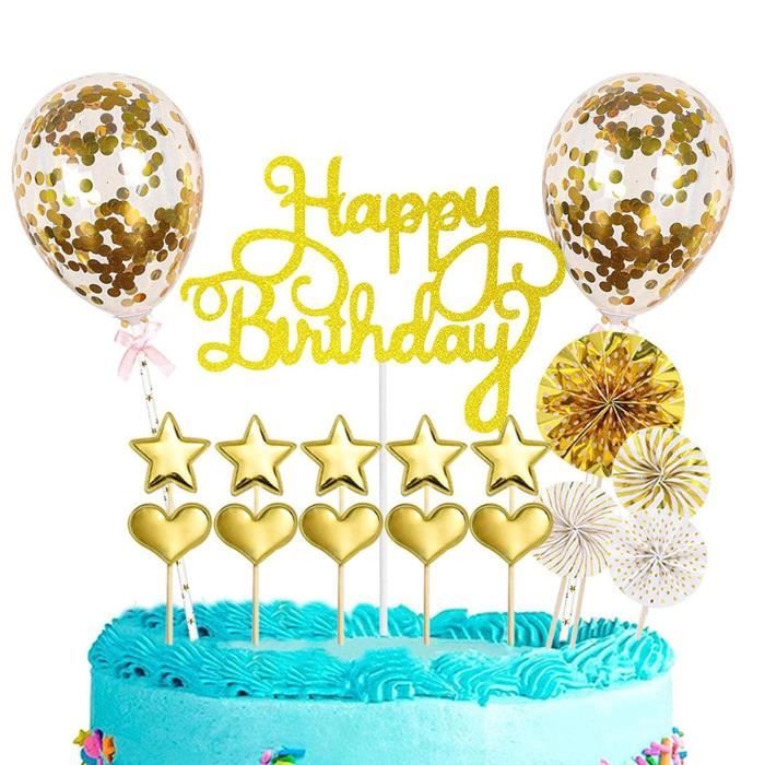 DAMILY® Decoration Gateau Anniversaire - Joyeux Anniversaire Cake Topper,Happy Birthday Gateau Decoration,Or Confettis Ballon Star