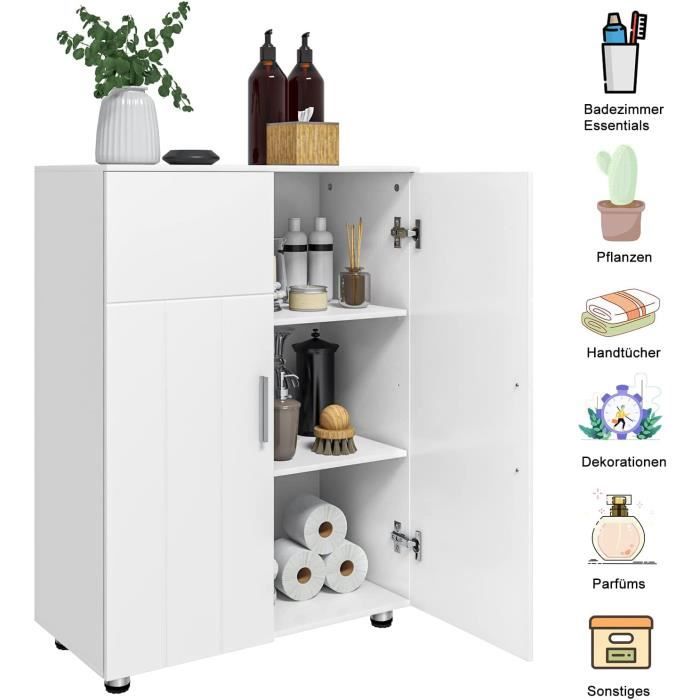 EUGAD Meuble Salle De Bain Rangement, Buffet De Cuisine, Avec 2 Portes, 1 Tiroir, 4 Étagères Ouvertes Réglables En Hauteur, 80x30x80,5cm, Blanc