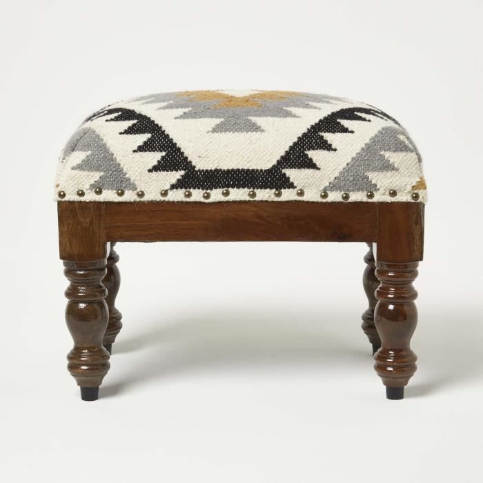 repose-pieds en laine kilim agra - homescapes - jaune, or, gris, noir et blanc - 50x30x40cm