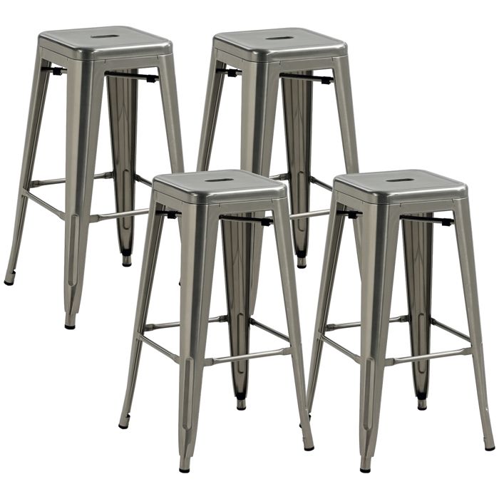 Tabourets de bar - HOMCOM - lot de 4 empilable industriel avec repose-pied rétro bistrot - métal - assise 76 cm - argent
