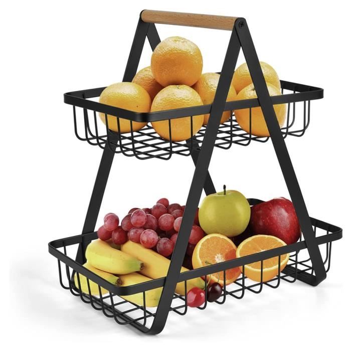 Corbeille à Fruits à 2 Étages UMDONX Avec Couvercle Bois - Rangement Cuisine Organisé - Noir
