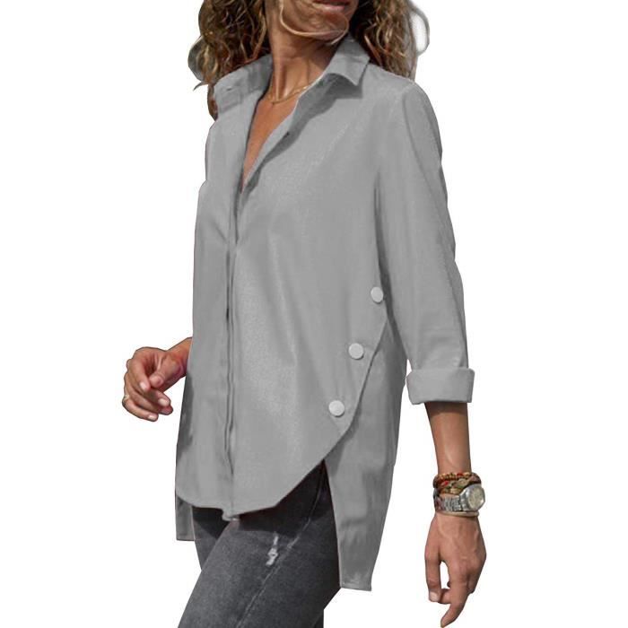ORANDESIGNE Chemisier Femme Manches Longues T-Shirt Mode Oversized Tunique Col V Bouton Hauts Tops Chic Printemps Casual Blouse