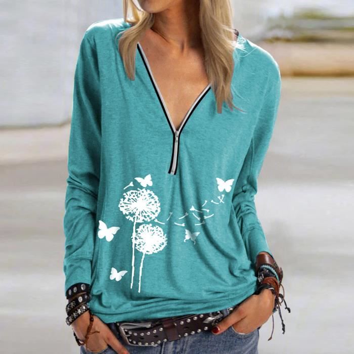 Pull Femme Icikuls Bleu Abstrait – 1/4 Zip Manches Longues – Taille L Stretch