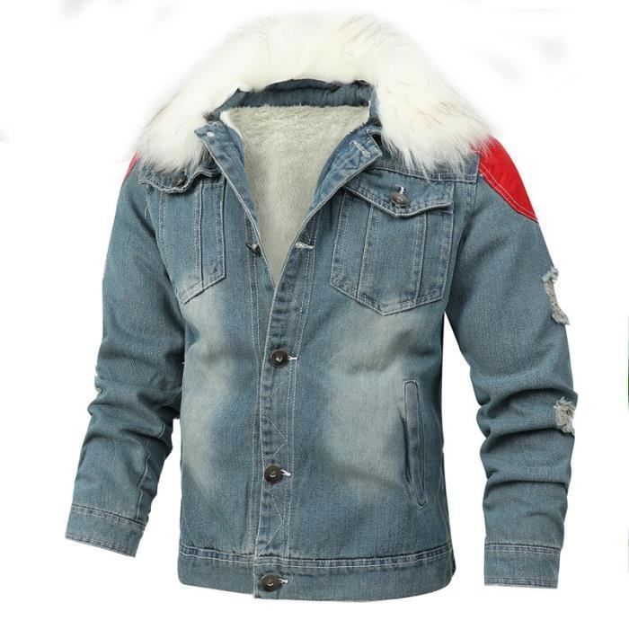Veste En Jean Doublée Polaire Sherpa Pour Homme - Col, Poignets Réglables, 4 Poches - Hiver Chaud - Coupe Régulière - Lavable Machine