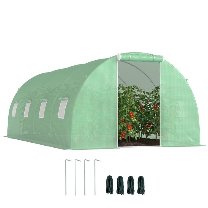Serre de jardin tunnel - Outsunny - 18 m² 8 fenêtres porte zippée châssis acier galvanisé bâche PE - PE - 6x3x2m - vert