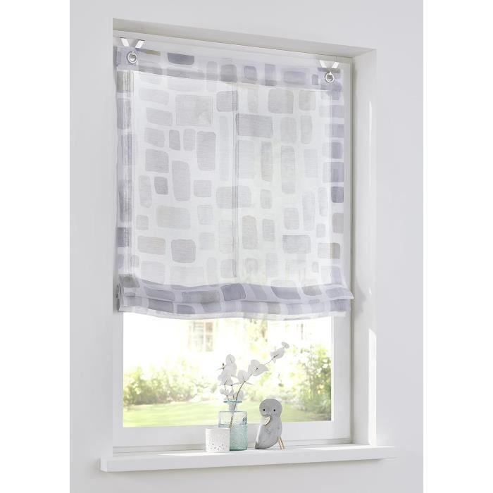 Store Romain Voilage Blanc Transparent Avec Motif Carreaux Rouges - 155 Cm De Hauteur, Plusieurs Largeurs - Crochets V Inclus