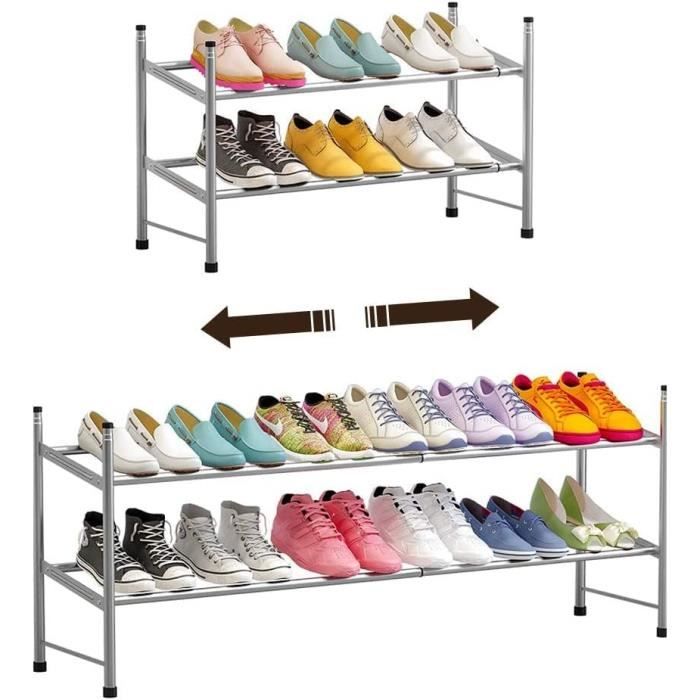 FANHAO Étagère à Chaussures Extensible 2 Niveaux – Rangement Robuste Acier Noir Mat, Jusqu'à 8 Paires, Empilable