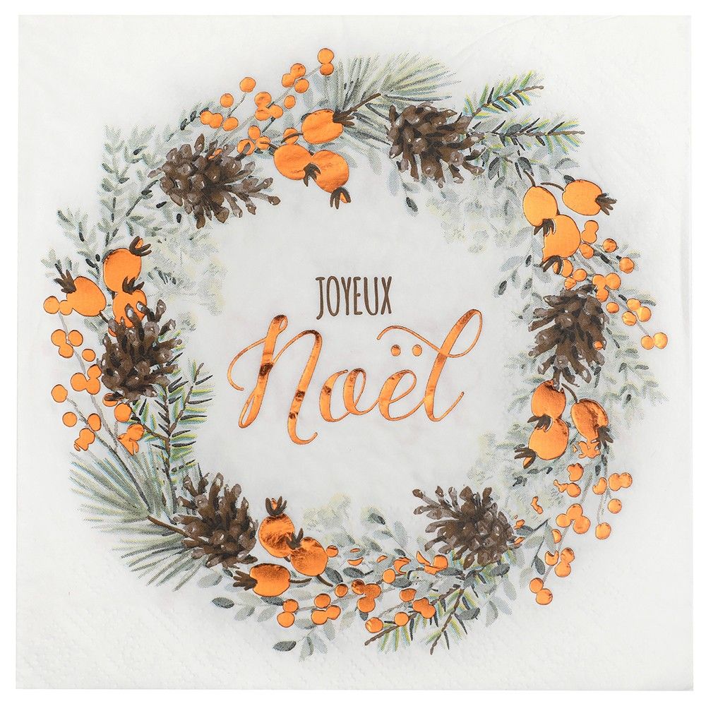 Serviette de table Joyeux Noël Champêtre floral cuivré (x20) REF/7446
