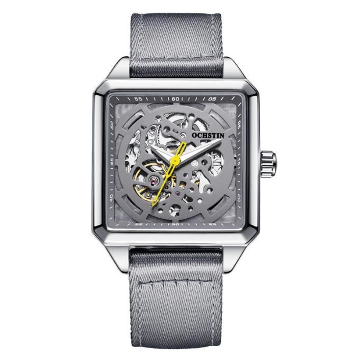 Montre homme de marque de luxe mécanique automatique cadran carré cadran squelette sangle en nylon classique argent