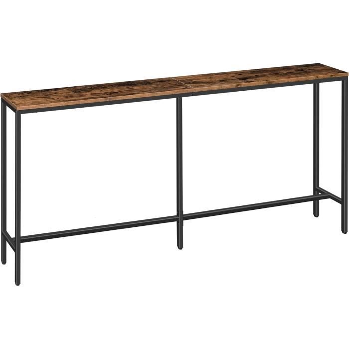 Console Entrée 180 Cm Avec Multiprise Intégrée - Table Étroite 2 Niveaux En Bois Et Métal - 2 Prises + 2 Ports USB - Marron/Noir - Pour Salon, Couloir - 14