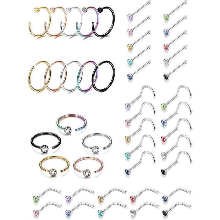 Lot 14 Piercings Nez Acier Inoxydable 0.8mm - Anneaux, Goujons, Cerceaux - Noir - Pour Nez, Oreille, Septum