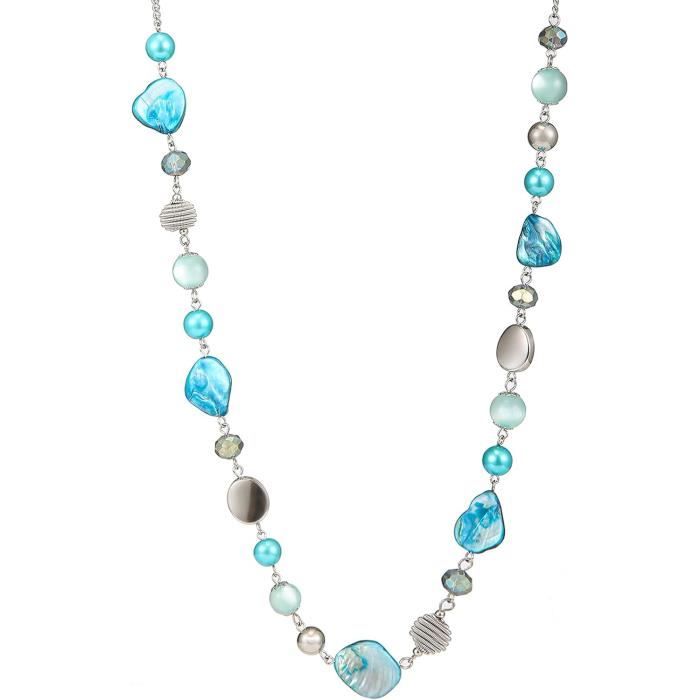 Collier Long Femme Perles Résine Bleu Foncé - Chaîne Acier Inoxydable Argent - 50cm