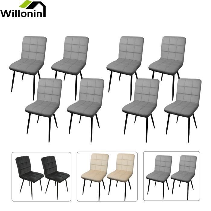 willonin® set de 8 chaises de cuisine, siege 43x40cm en tissu velours, style vintage, hauteur 86cm, gris