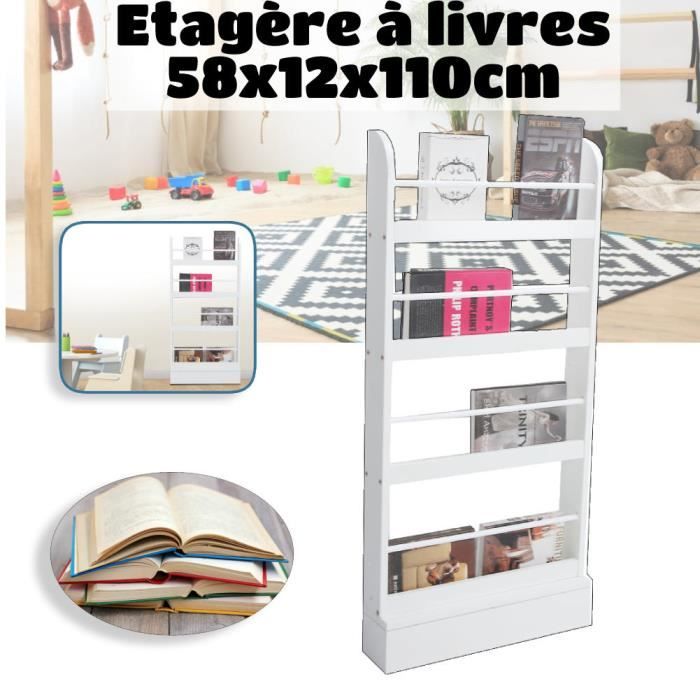 Bibliothèque Enfant Étagère Murale pour Chambre d’Enfant 4 étagères 58x12x110cm Blanc