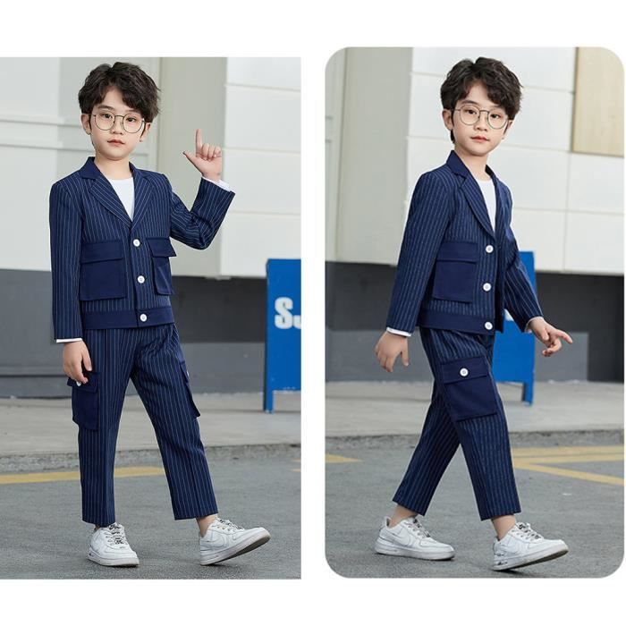 Costume Garcon de 3 Pieces Cargo Casual Veste Pantalon Tee shirt Tenue Mariage et Ceremonie a Rayures Bleu Gentilhomme Bleu