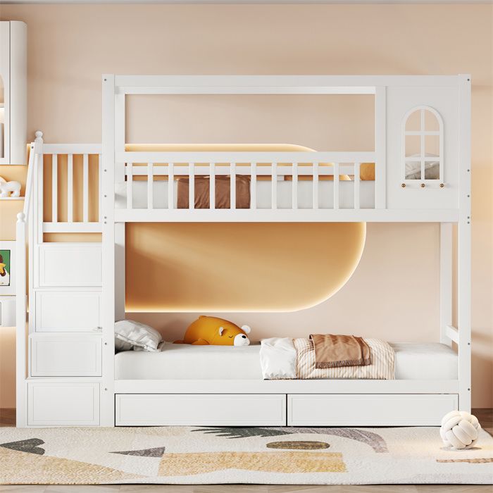 Lit Superposé Enfant 90x200 Cm Cabane Avec Rangement Et Barrière De Sécurité - Bois Massif Blanc - Sans Matelas