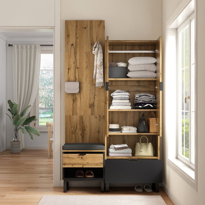 Vestiaire D'entrée 100x35x180 Cm Avec Banc - Armoire, Portemanteau, Rangement Chaussures - Noir - Meuble Multifonction