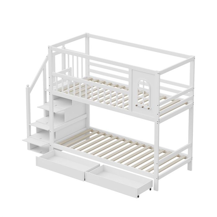 Lit Superposé 2 Places Démontable Avec 2 Tiroirs De Rangement,étagères