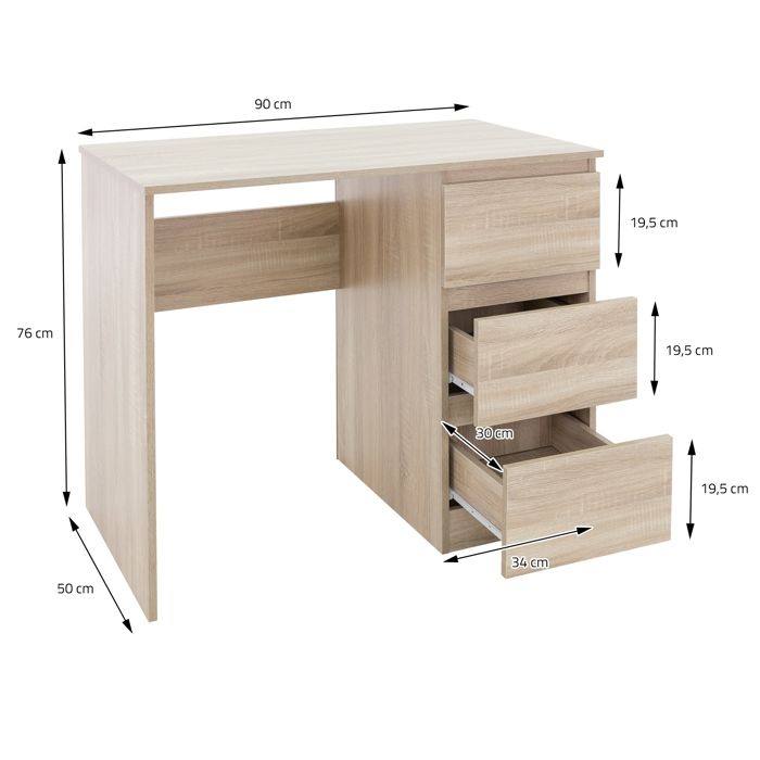 Bureau Moderne Avec 3 Tiroirs Et 2 Compartiments Ouverts - Plateau 135x50 Cm, Cadre Acier, MDF - Naturel