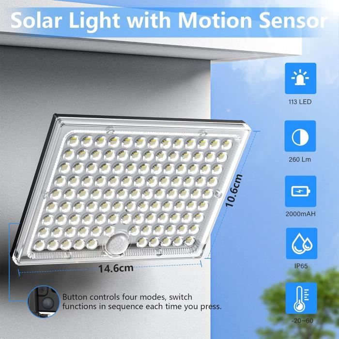 Lampe Solaire Extérieur Détecteur Mouvement 113 LED 2000mAh - Éclairage Puissant IP65 Avec Câble 5M, 4 Modes