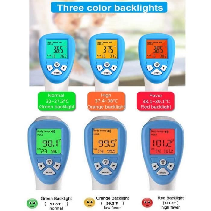 LEYF Thermomètre sans contact - Thermomètre infrarouge - Thermomètre  frontal numérique pour adultes, enfants et bébés - Écran LCD - 3 couleurs -  Alarme fièvre et fonction mémoire : : Bébé et Puériculture