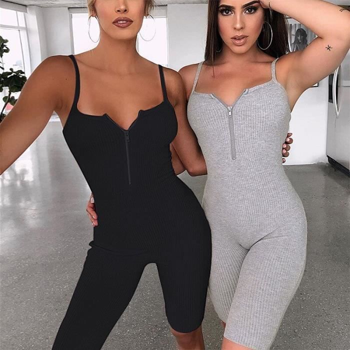 Combinaison Combi short d ete en maille cotelee pour femme combinaison moulante sexy sans manches couleur unie Type Grey Blanc Cdiscount Pret a Porter