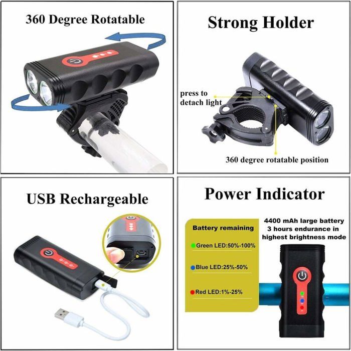 Kit éclairage vélo LED USB rechargeable – phare avant puissant feu arrière Kit éclairage vélo LED USB rechargeable – phare avant puissant feu arrière