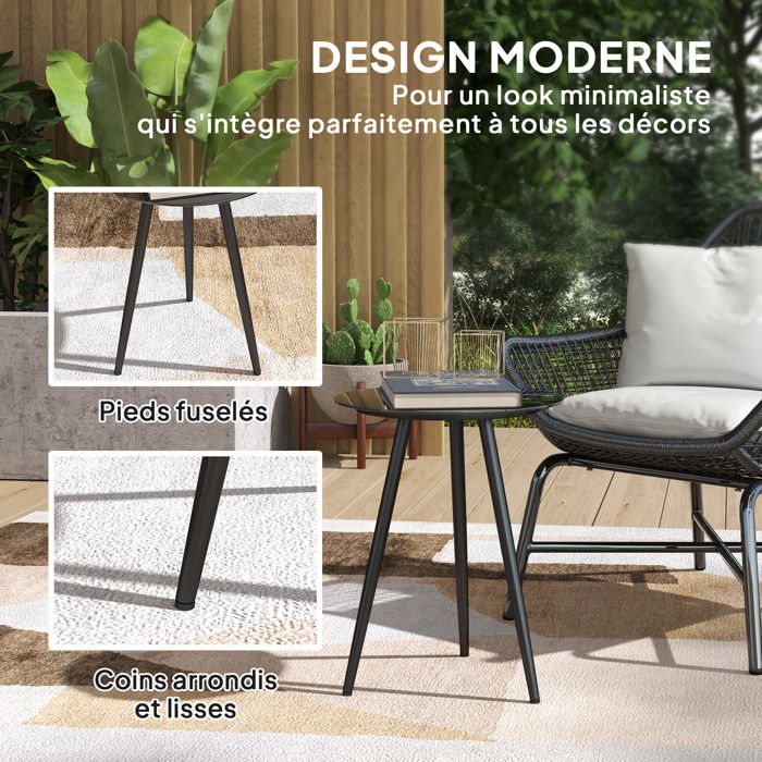 Outsunny Table Basse Ronde Extérieure En Verre Trempé Ø40 Cm - Petite Table D'Appoint Design Minimaliste Pour Jardin, Balcon, Terrasse Ou Salon, Noir
