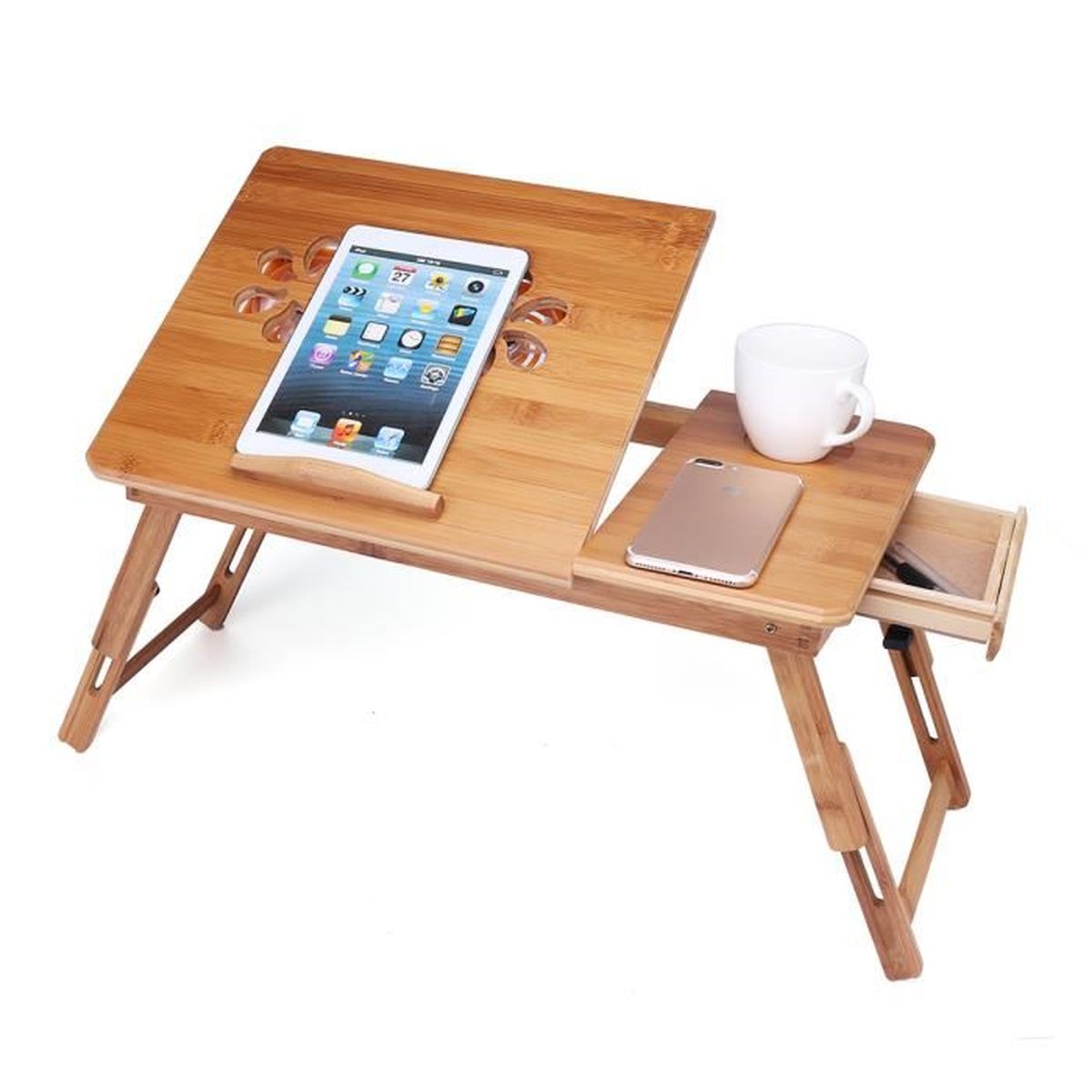 Table De Lit Pliable En Bambou - 66x35cm - Avec Tiroir Et Pieds Réglables - Bureau Portable