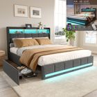 NMONET Lit adulte 160x200 cm avec LED et 4 tiroirs, lit 160x200 cm avec sommier à lattes, lit queen 160x200 cm, tissu en lin, gris