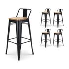 KOSMI Lot de 4 tabourets de bar en métal noir mat style industriel avec dossier et assise en bois clair - Hauteur 76 cm