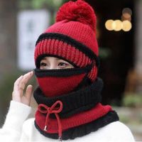 Casquette,Ensemble de 3 pièces de chapeaux pour femmes, écharpe épaisse et chaude en polaire tricotée, collection hiver - Type Red