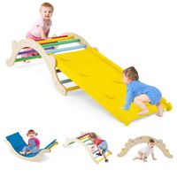 Aire De Jeux 8 En 1 Avec Toboggan Balançoire Échelle Rocher D Escalade Filet D Escalade Planche A Dessin Pour 3 Ans Multicolore Naturel