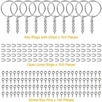 Lot de 300 anneaux de porte-clés fendus avec 100 anneaux de porte-clés, 100 anneaux de saut ouverts et 100 épingles à vis