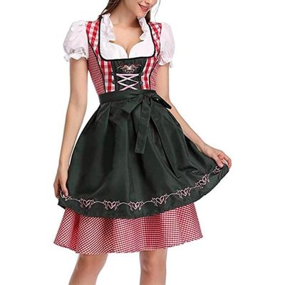 KOJOOIN Trachtenkleid Dirndl Kurz Damen Mid mit Spitzenschürze 2tlg. für Oktoberfest von Gr 34