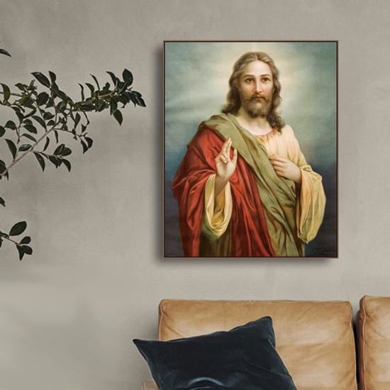 Tableau Déco Religieux Jésus-Christ Cœur Baroque 56x46 Cm - Reproduction Signée, Cadre Style Bois, Neuf