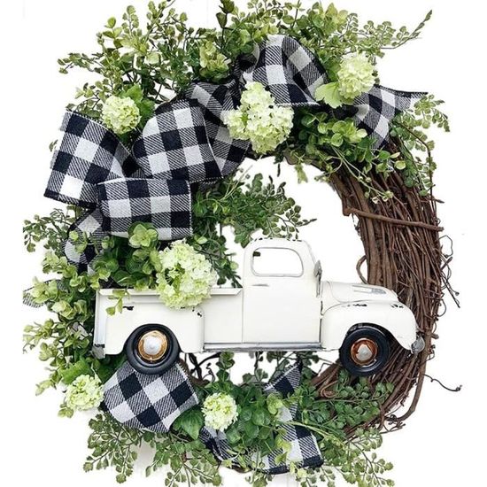 Couronne De Noël Camion Rouge Pommes De Pin - Déco Automne Et Fêtes, Vintage, Pour Porte Ou Mur