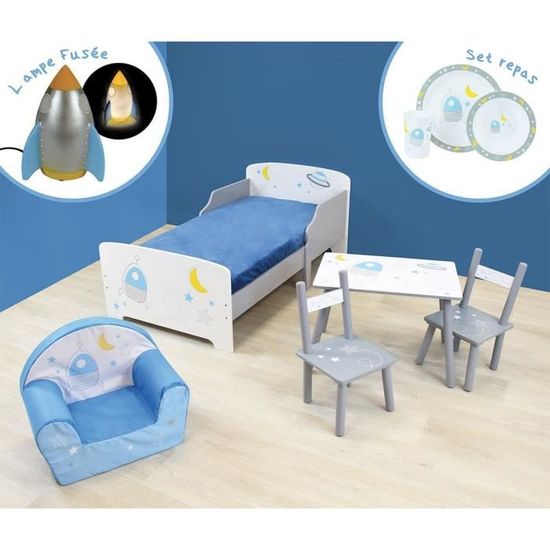 Pack chambre enfant complet - ESPACE - Lit 140x70cm - Table et chaises - Fauteuil club - Accessoires