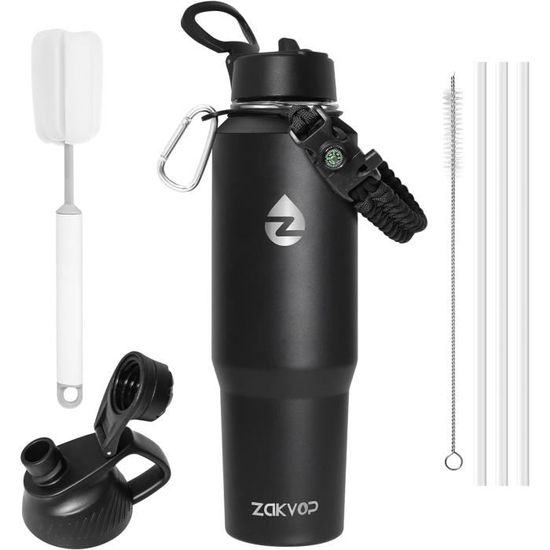 Gourde Isotherme ZAKVOP 2L - 3 Couvercles Dont Paille, Poignée Paracorde