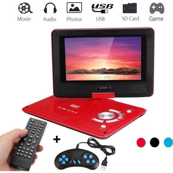 QL30355-NEUFU 9.8'' Portable DVD Lecteur Voiture Rechargeable Télécommande Écran Pivotant USB+Jeu Joystick Rouge