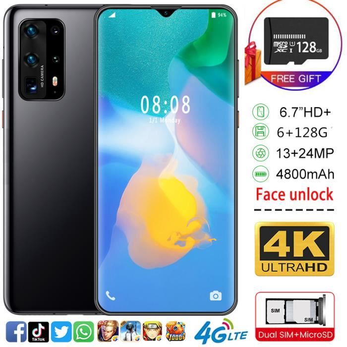 Noir P41 Pro 6.7 -HD+ 1440*3040eau goutte écran quad core smartphones 6+128G+128G TF CARD 13mp visage ID débloqué android 10.0